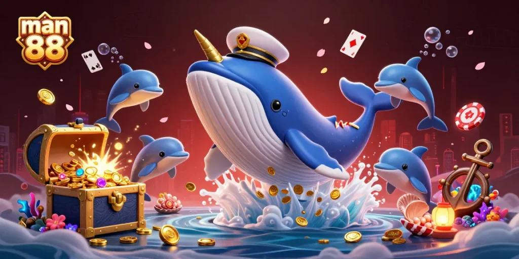 Experience the fun of man 88 with a dynamic illustration showcasing a whale and playful dolphins.