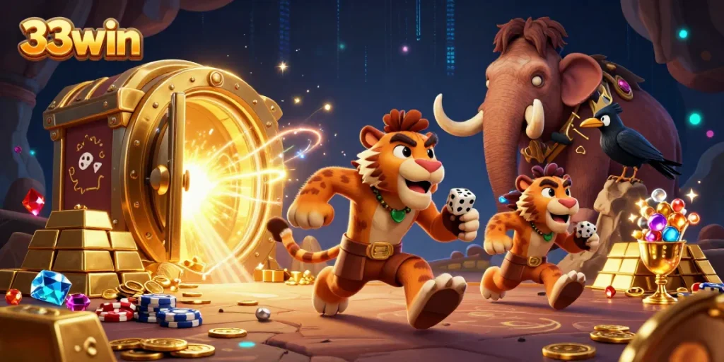 33win enhances the thrill of gaming with vibrant caveman-themed casino illustrations.