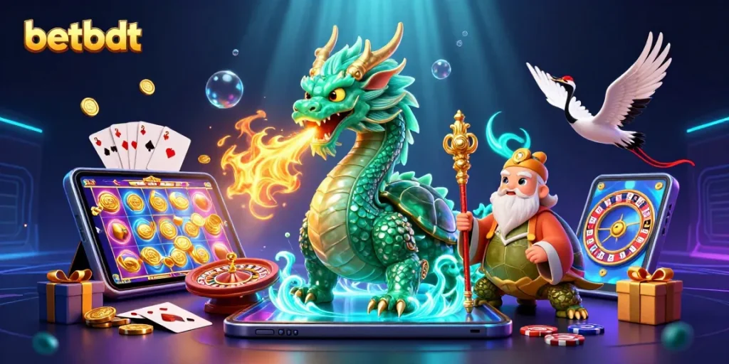 Experience the excitement of betbdt with a vibrant 3D casino scene featuring dragons, sage, and dynamic gaming elements.