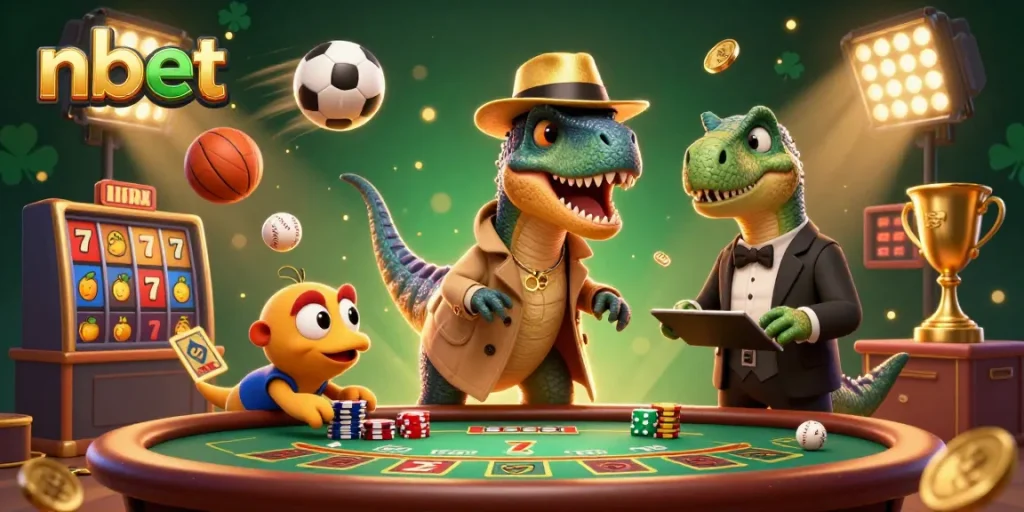nbet casino scene featuring a velociraptor card counter, a stegosaurus pit boss, and a compy pickpocket amidst dynamic lottery elements.