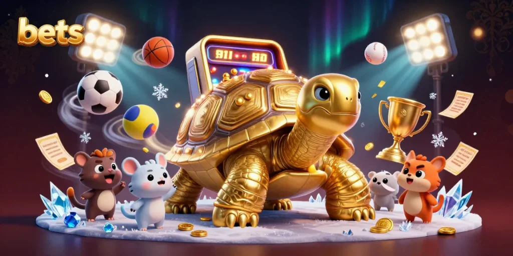Bets88 players enjoy dynamic betting with a golden tortoise pinball machine in a vibrant casino.