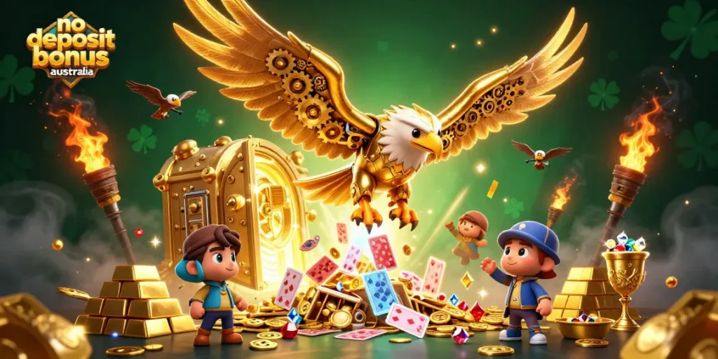 Engage with no deposit bonus australia in an energetic casino scene featuring a cybernetic eagle and holographic cards.