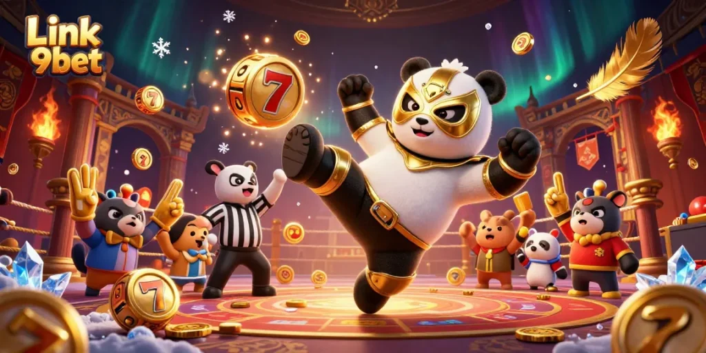 Link 9bet showcases a lively 3D cartoon scene with panda wrestling, cheering spectators, and rich casino elements.