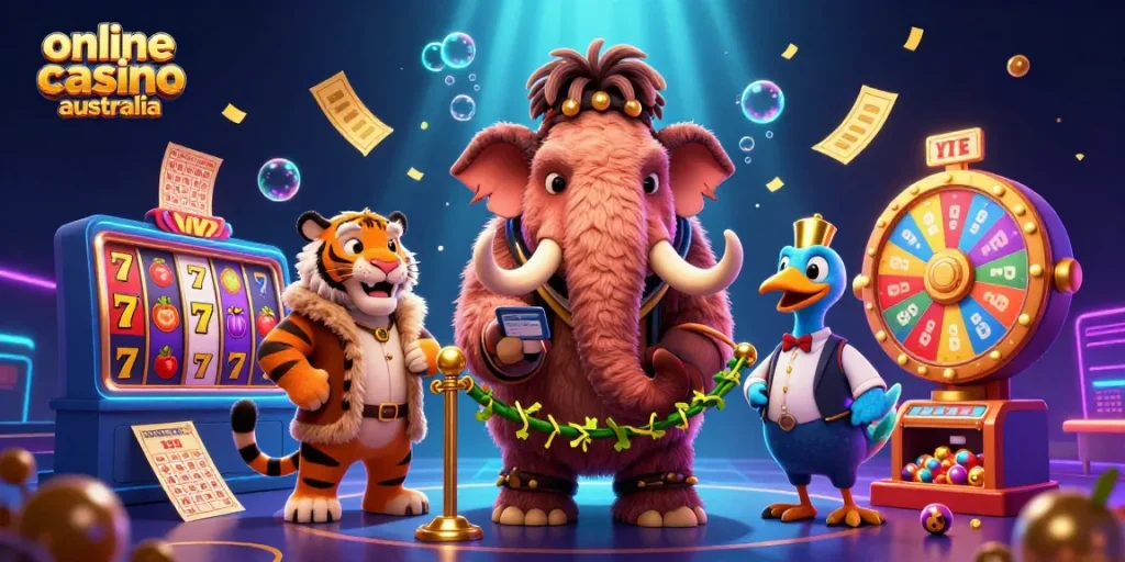 Experience thrilling gameplay at an online casino Australia with vibrant slots and colorful characters.