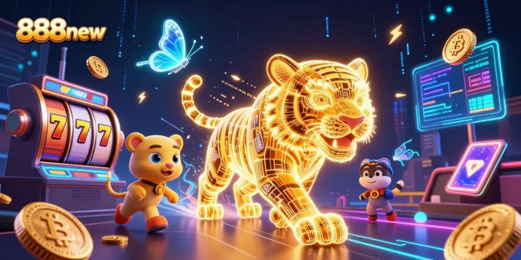 Experience the thrill of 888new with electrifying casino elements and golden tiger.
