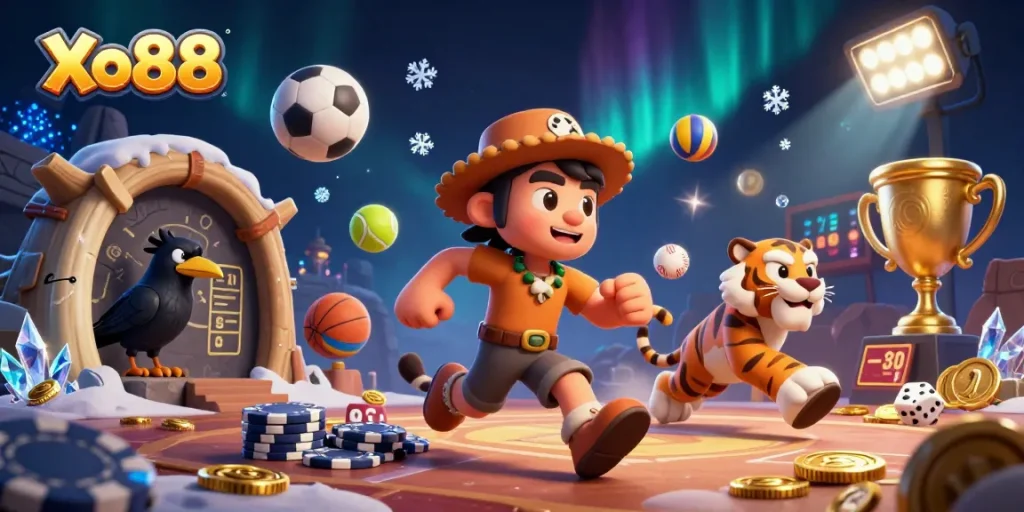 Xo88 brings prehistoric gaming alive with a caveman casino duo and dynamic sports-themed elements.
