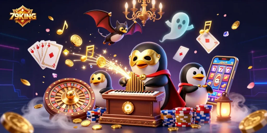 79KING offers an exciting gaming experience with a vibrant 3D cartoon scene of a penguin playing an organ shooting coins.