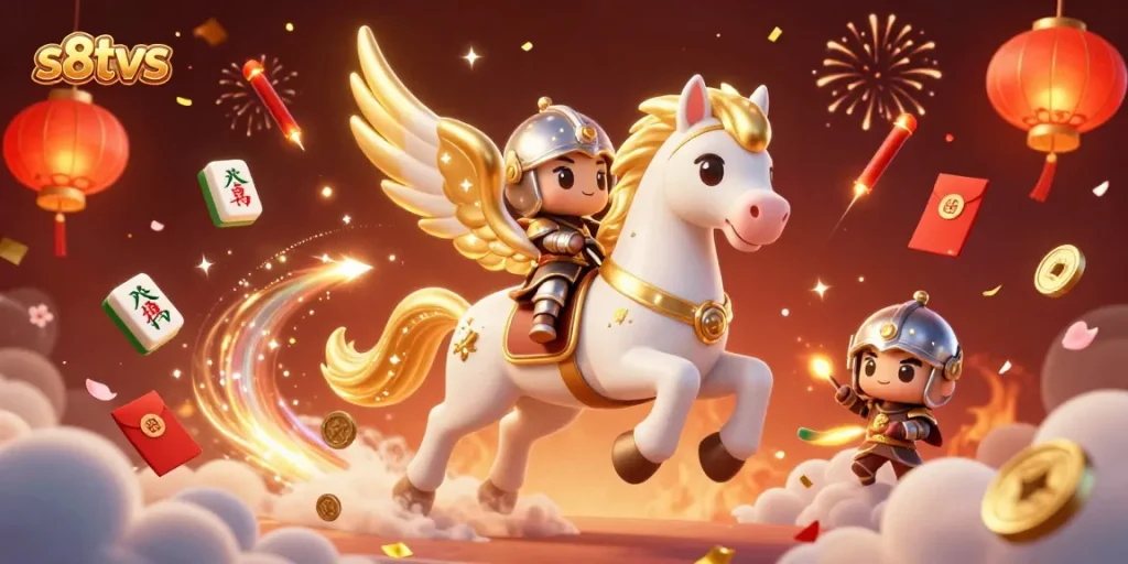 S8TV's knight racing with a celestial horse amidst gold and red symbols of fortune, celebrating in style.