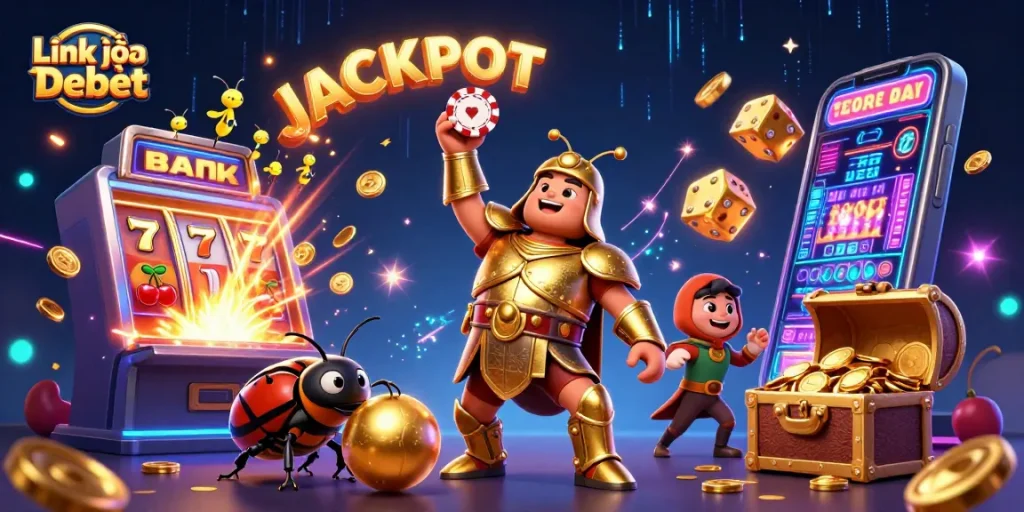 Spin for your chance to win with Link vào Debet's vibrant casino illustration featuring beetles and jackpots.