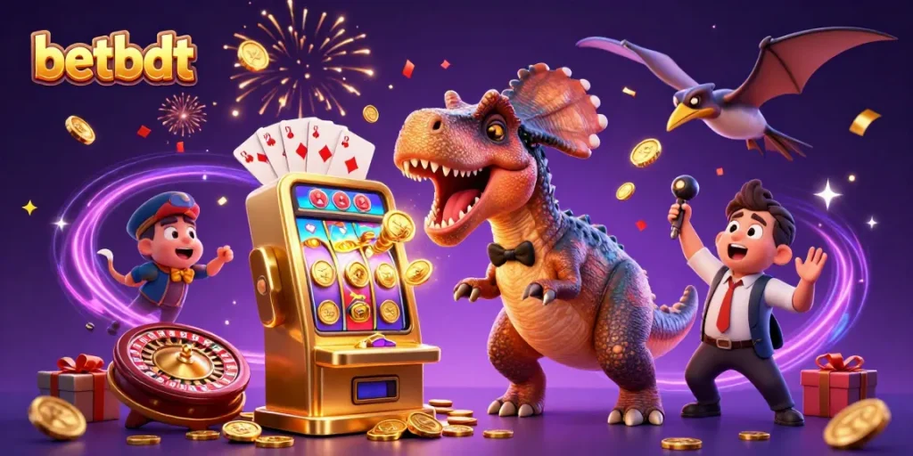 Experience betbdt's thrilling jackpot with a dinosaur headbutting a slot machine!