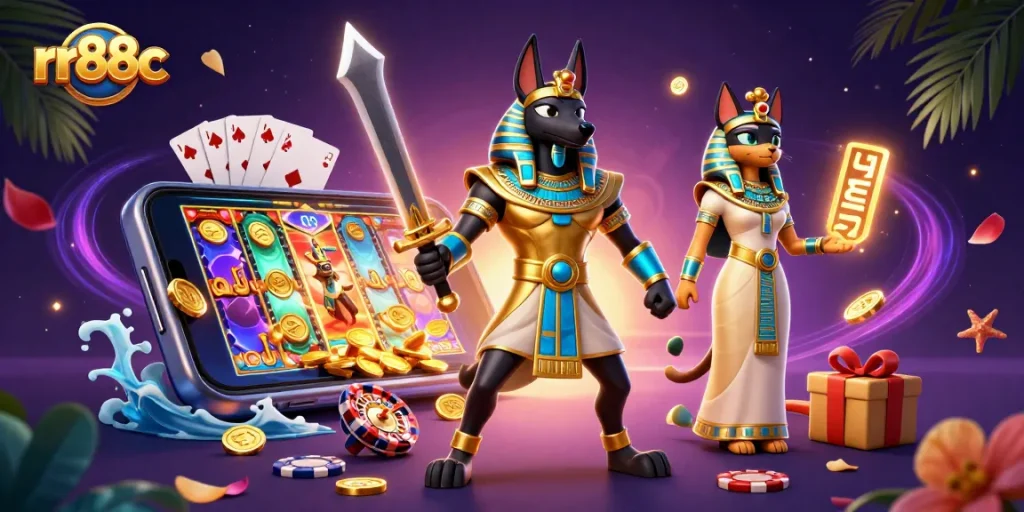 Experience thrilling games at rr88c with ancient Egyptian characters and vibrant casino elements.