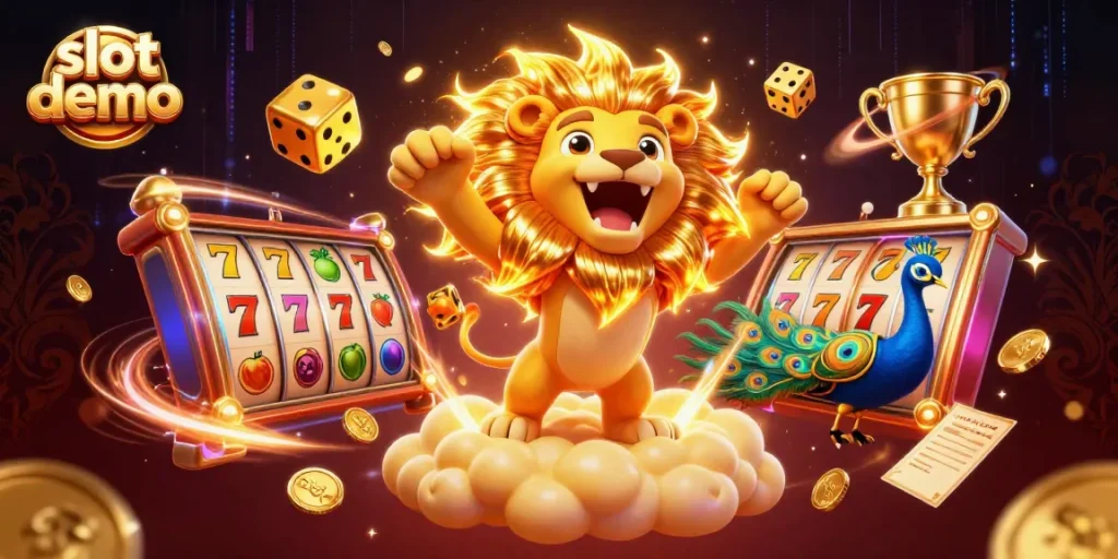 Slot demo menarik dengan simbol buah dan gulungan slot yang berputar, di tengah suasana penuh energi.