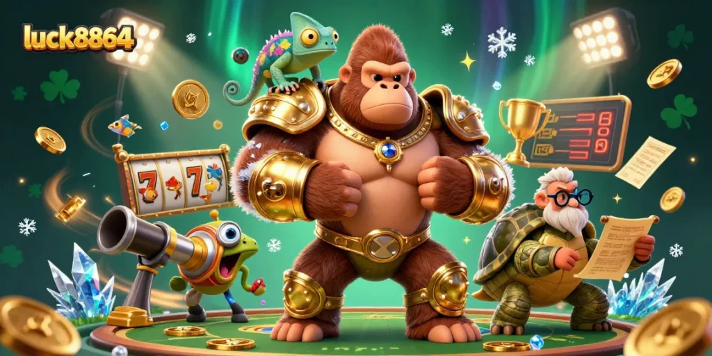 Experience the excitement of luck8864 with a vibrant 3D illustration of a powerful gorilla and mystical companions in a casino atmosphere.
