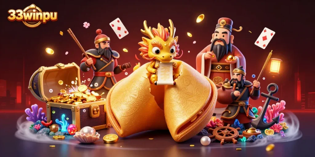 33winpu players enjoy a fantasy-filled casino scene with gold coins and magical elements.