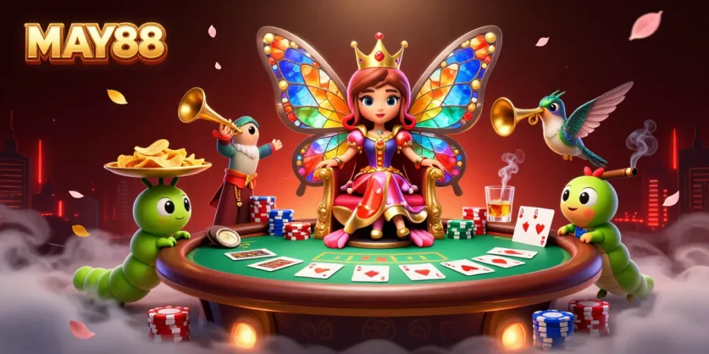 Play exciting poker with MAY88's vibrant 3D illustration of a butterfly queen, poker elements, and more.