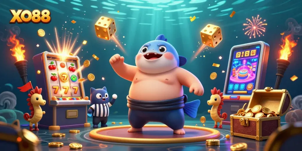 Experience thrilling wins with XO88 in a vibrant underwater casino scene full of action.