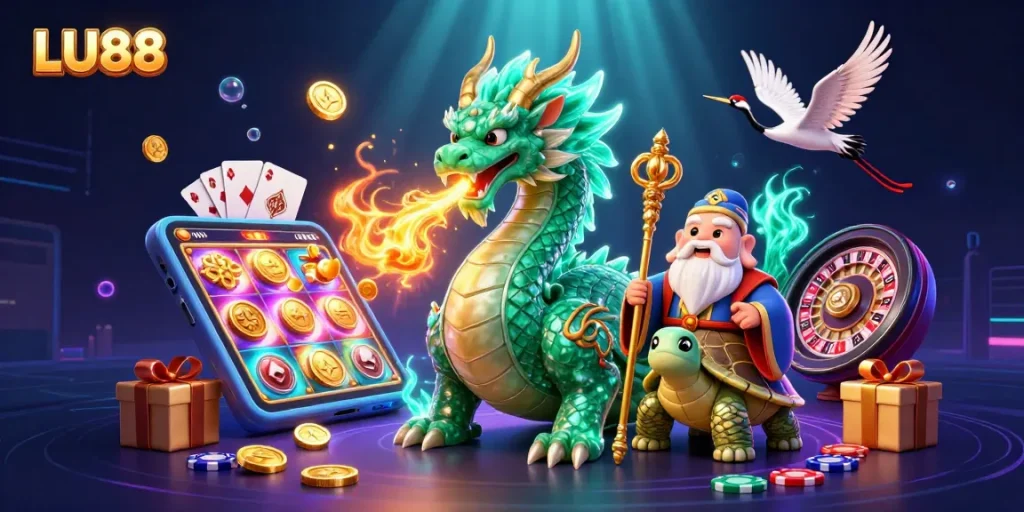 Engage in thrilling gameplay at LU88 with a dynamic scene showcasing dragons, turtles, and casino elements.