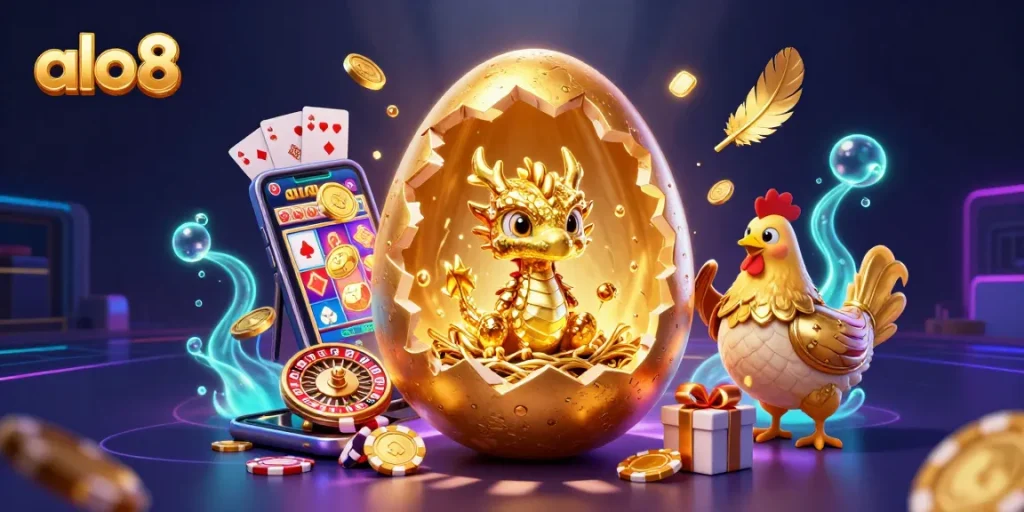 Engage with the excitement of alo8 as the colossal golden egg reveals a golden dragon and poker chips amid vibrant gaming elements.