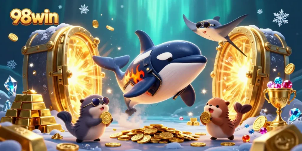 Engage with the dynamic world of 98win, featuring vibrant characters in a lively casino scene.