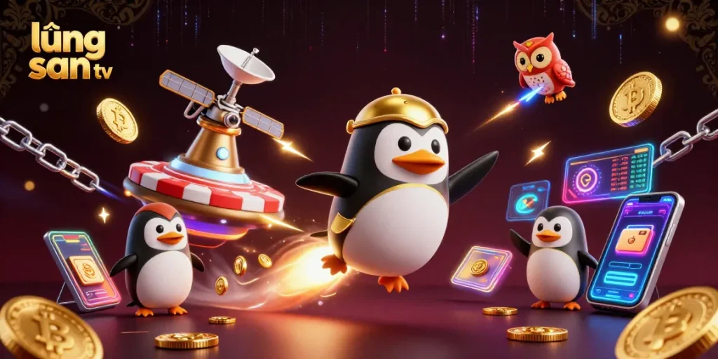 Lương Sơn TV showcases a dynamic illustration with a golden penguin and casino elements, featuring vibrant cryptocurrency coins.