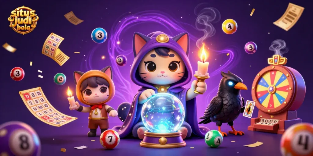 Menggali keseruan situs judi bola lewat ilustrasi karakter kucing mistik yang meramal dan burung gagak dengan kartu tarot.