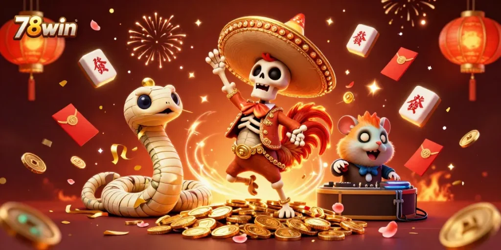Experience the excitement of 78win's vibrant gaming scene with dancing characters and festive elements.