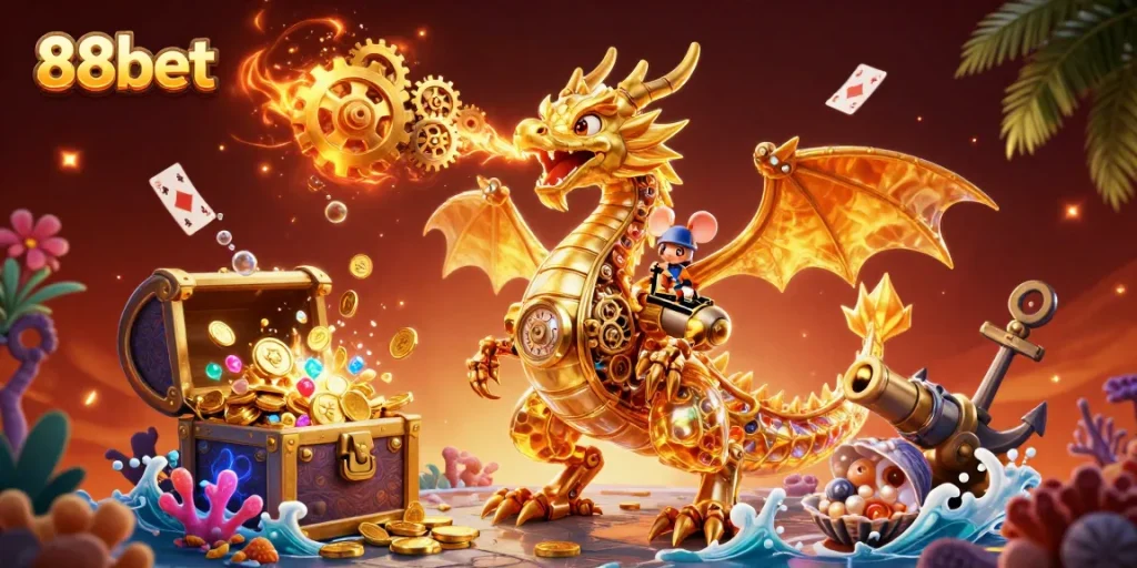 Engage with 88bet's thrilling casino experience through an enchanting 3D scene filled with treasures and action!