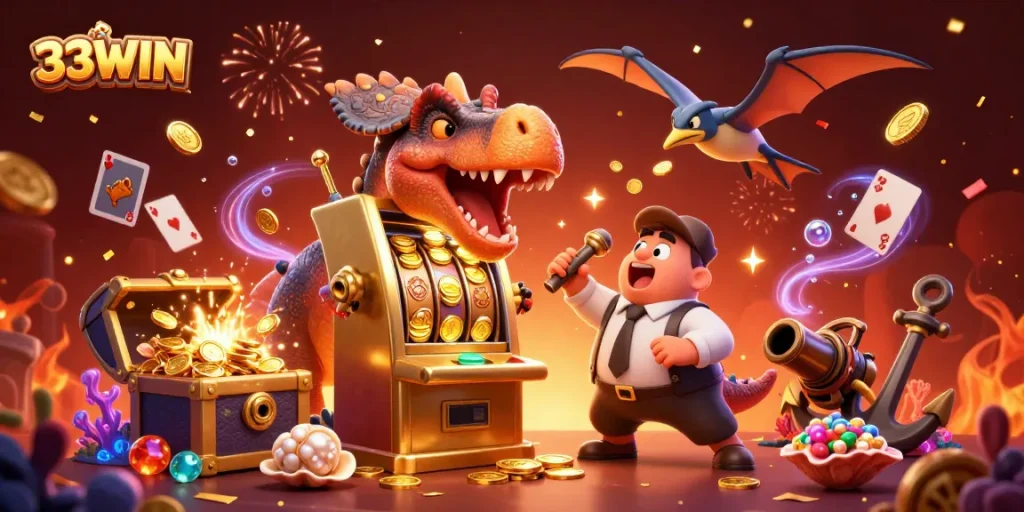 33WIN slots scene featuring a dinosaur hitting a golden slot machine surrounded by explosive treasures