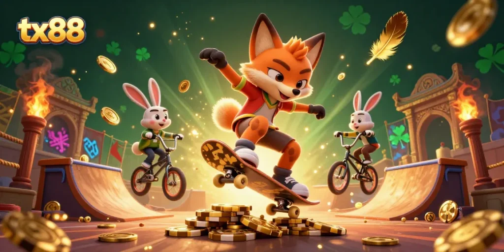 Experience excitement with tx88: a dynamic 3D scene showcasing a fox and rabbit in a vibrant casino