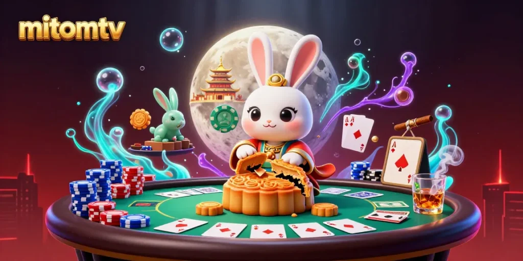Engage with mitomtv as a lunar rabbit reveals poker chips from mooncakes in a vibrant casino scene.