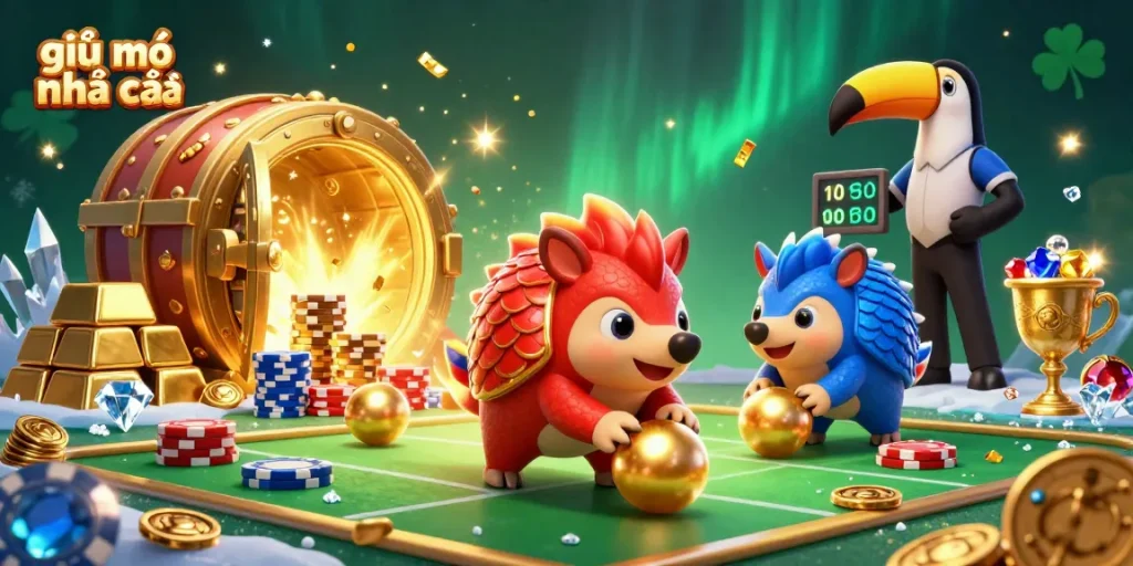 Experience the excitement of giải mã nhà cái with rival pangolins battling amidst riches and vibrant casino elements.