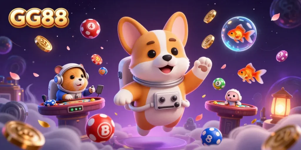 Engage in thrilling GG88 gaming with vibrant casino visuals featuring colorful poker chips and floating collectibles.