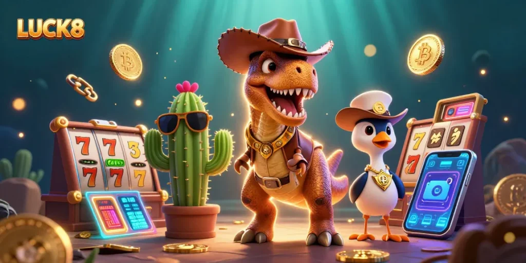 Experience LUCK8's thrilling casino adventure with a T-Rex and friends surrounded by jackpots!