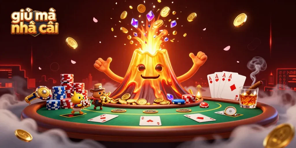 Experience the thrill of gaming with giải mã nhà cái, as a volcano erupts treasures among poker elements and cheerful explorers.