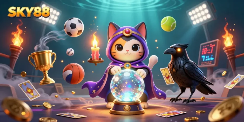 Engage in thrilling gameplay at SKY88 with a mystical cat, raven, and dynamic sports elements.