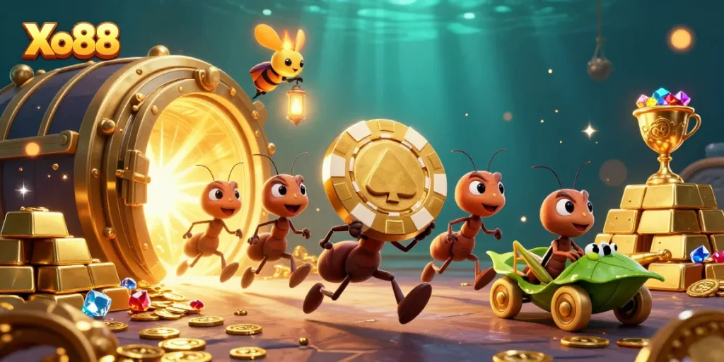 Xo88 ants pull a giant poker chip heist, illuminated by gold vault riches in an underwater scene.