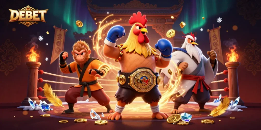 DEBET engages players in an exciting martial arts battle scene with dynamic characters and casino elements.