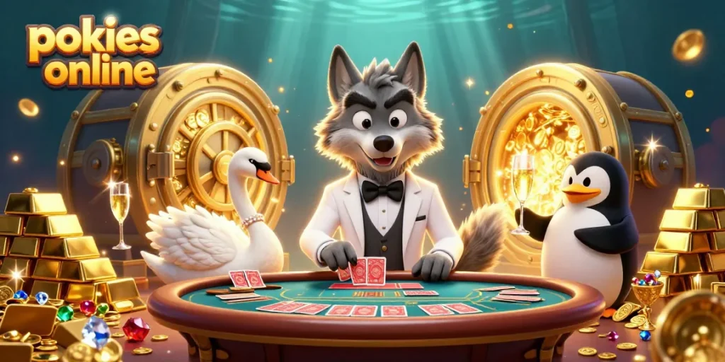Experience the thrill of pokies online with vibrant characters and lavish treasures in this dynamic illustration.