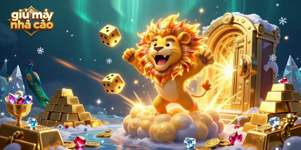Experience the thrill of giải mã nhà cái with engaging 3D illustration of a roaring sun lion amidst golden treasures and gambling elements.