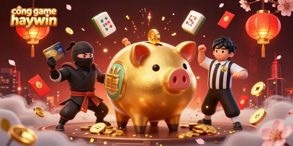 Engage with cổng game haywin through exciting gaming adventures featuring a dynamic scene with illustrative casino characters.