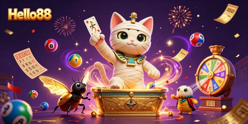 Engage with Hello88 lottery excitement featuring a mummy cat and golden scarab in a casino celebration.