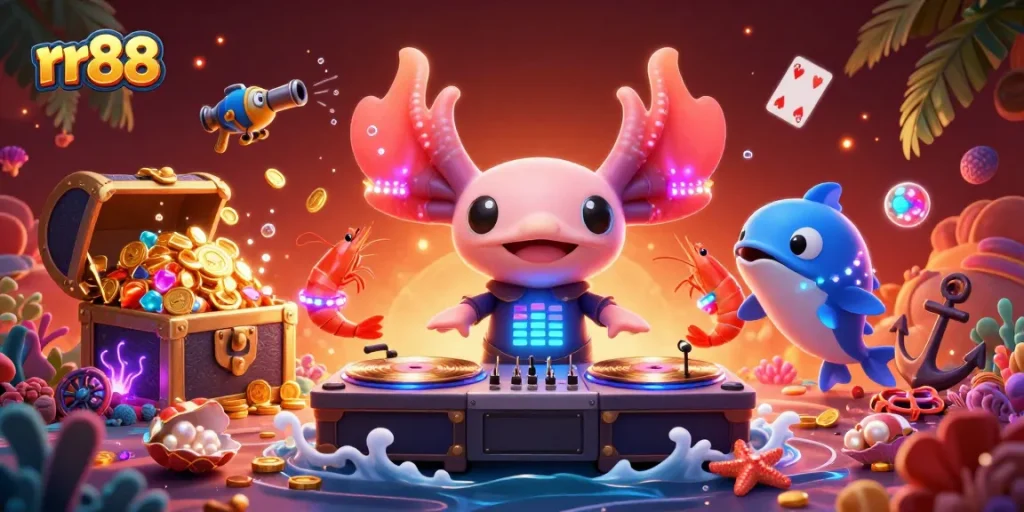 Experience exciting gameplay at rr88 with a vibrant casino scene featuring animated characters and underwater elements.
