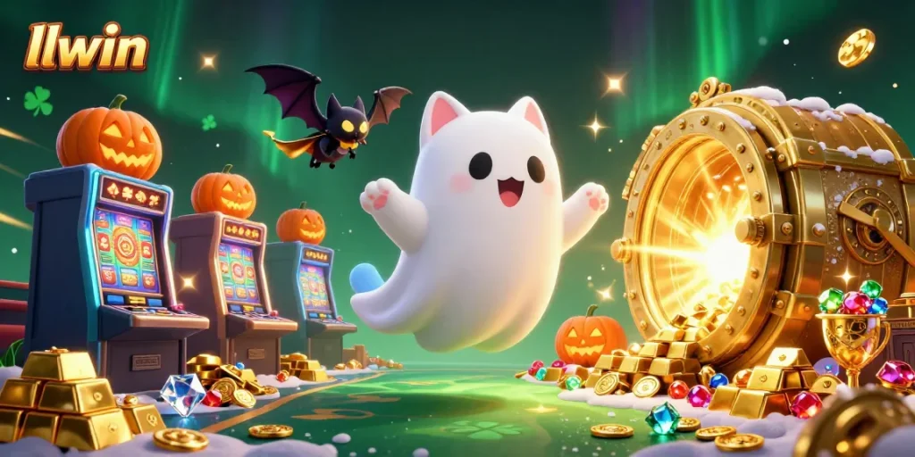 llwin casino scene with a ghost cat and bat, revealing treasure and slot machines