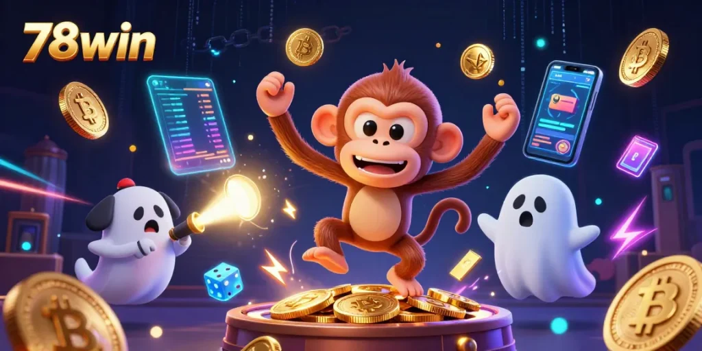 Engage in thrilling gameplay at 78win with a mystical monkey and ghost-hunter puppy in an immersive casino scene.
