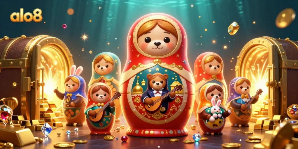 Experience the thrill of alo8 casino with vibrant treasures and engaging characters in a 3D illustration.